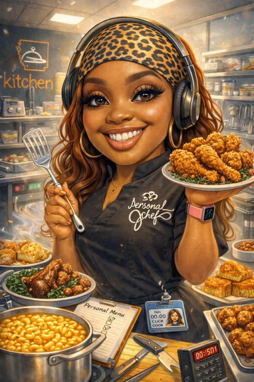 Illustrated portrait of Chef P in her kitchen, smiling and holding up a platter of golden fried chicken
