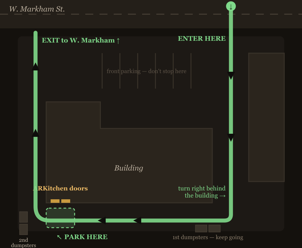 Route map: turn in from W. Markham, follow the alley behind the building, and park at the back-left corner by the ARKitchen doors, before the second set of dumpsters